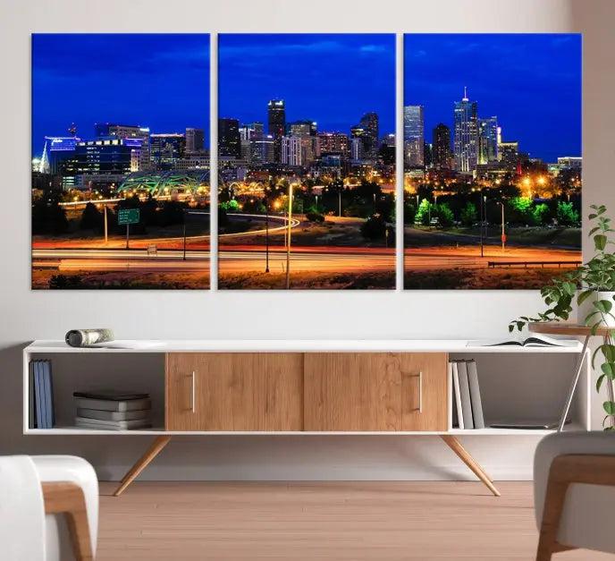 Display the exquisite Denver City Lights Night Bright Blue Skyline Cityscape View Wall Art Canvas Print. This museum-quality triptych canvas, delivered ready to hang with free shipping, effortlessly transforms your space.