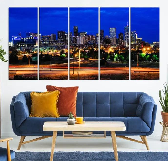 Display the exquisite Denver City Lights Night Bright Blue Skyline Cityscape View Wall Art Canvas Print. This museum-quality triptych canvas, delivered ready to hang with free shipping, effortlessly transforms your space.