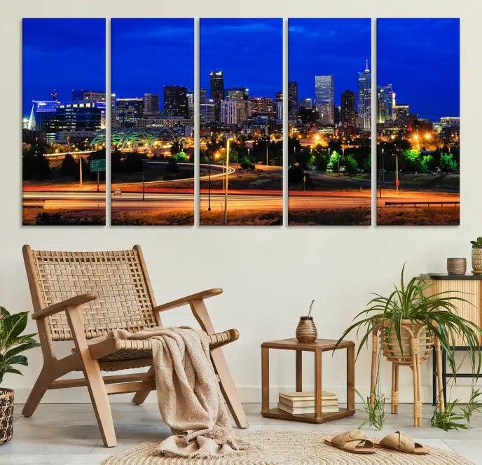 Display the exquisite Denver City Lights Night Bright Blue Skyline Cityscape View Wall Art Canvas Print. This museum-quality triptych canvas, delivered ready to hang with free shipping, effortlessly transforms your space.