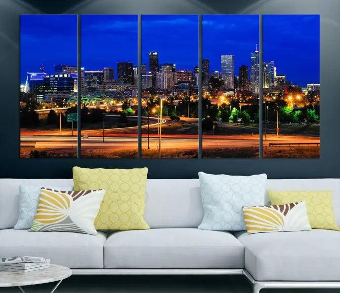 Display the exquisite Denver City Lights Night Bright Blue Skyline Cityscape View Wall Art Canvas Print. This museum-quality triptych canvas, delivered ready to hang with free shipping, effortlessly transforms your space.