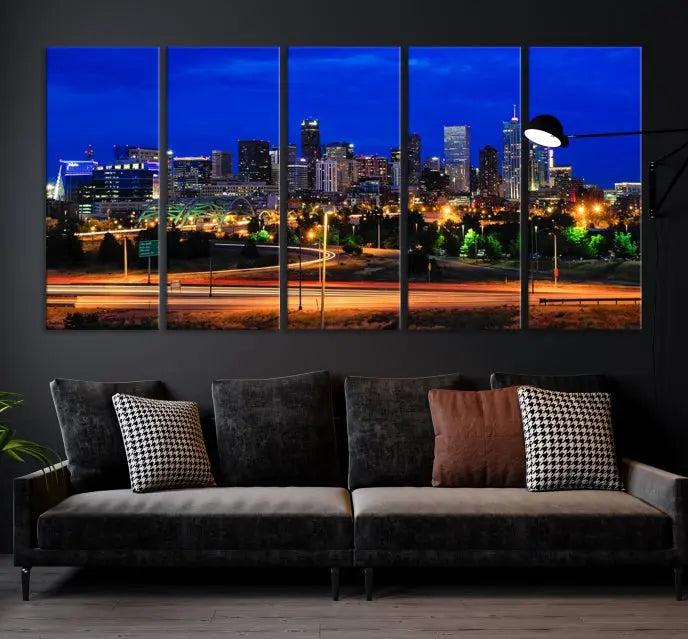 Display the exquisite Denver City Lights Night Bright Blue Skyline Cityscape View Wall Art Canvas Print. This museum-quality triptych canvas, delivered ready to hang with free shipping, effortlessly transforms your space.