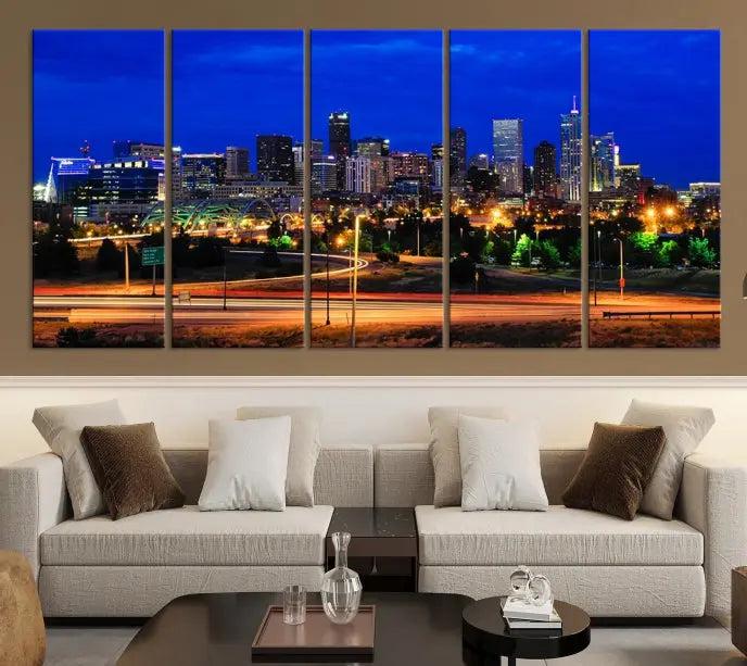 Display the exquisite Denver City Lights Night Bright Blue Skyline Cityscape View Wall Art Canvas Print. This museum-quality triptych canvas, delivered ready to hang with free shipping, effortlessly transforms your space.