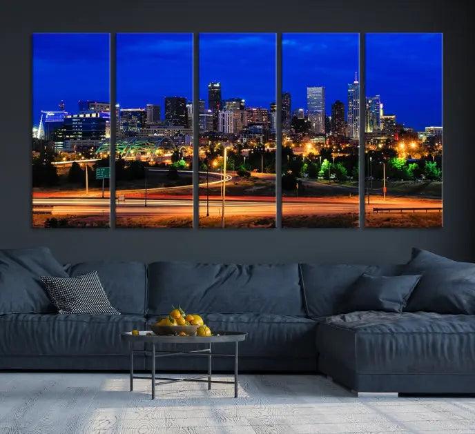 Display the exquisite Denver City Lights Night Bright Blue Skyline Cityscape View Wall Art Canvas Print. This museum-quality triptych canvas, delivered ready to hang with free shipping, effortlessly transforms your space.