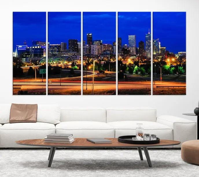 Display the exquisite Denver City Lights Night Bright Blue Skyline Cityscape View Wall Art Canvas Print. This museum-quality triptych canvas, delivered ready to hang with free shipping, effortlessly transforms your space.