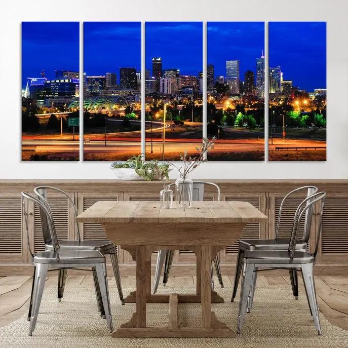 Display the exquisite Denver City Lights Night Bright Blue Skyline Cityscape View Wall Art Canvas Print. This museum-quality triptych canvas, delivered ready to hang with free shipping, effortlessly transforms your space.