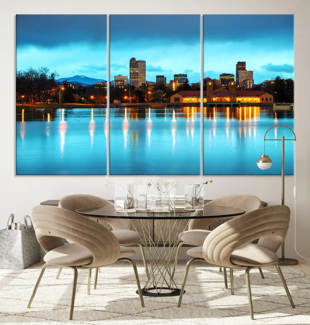 A living room in teal and brown decor showcases the "Denver City Lights Night Bright Turquoise Skyline Cityscape View" wall art canvas print above the couch. This large, museum-quality piece comes with a UV-protective coating.