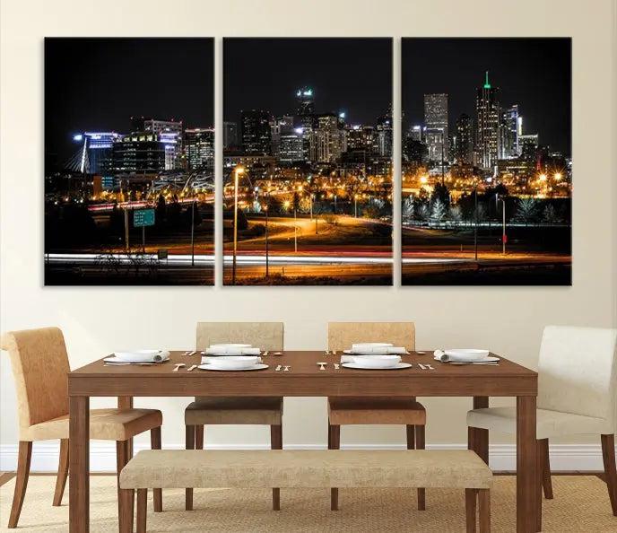 Enhance your space with the Denver City Lights Night Skyline Cityscape View Wall Art Canvas Print, showcasing a city skyline at night and crafted on museum-quality canvases.