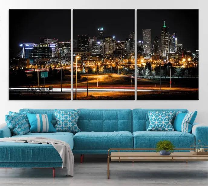 Denver City Lights Night Skyline Cityscape View Wall Art Canvas Print 