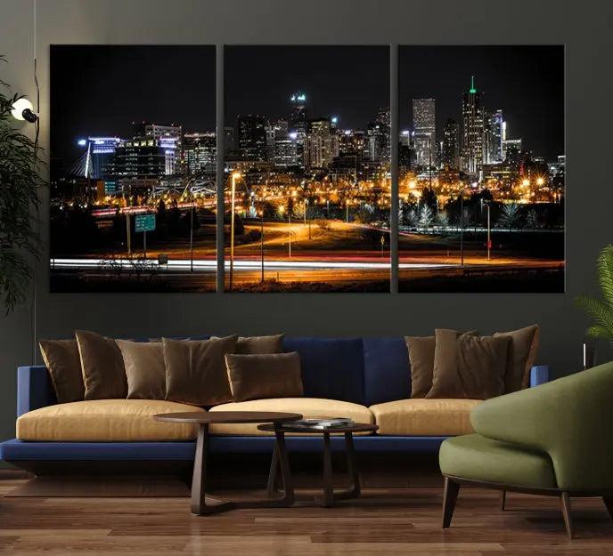 Denver City Lights Night Skyline Cityscape View Wall Art Canvas Print 