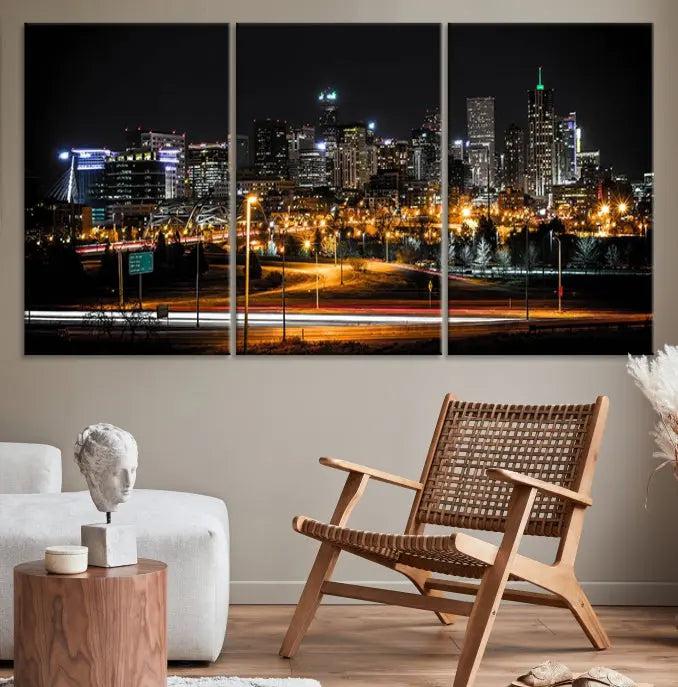 Denver City Lights Night Skyline Cityscape View Wall Art Canvas Print 