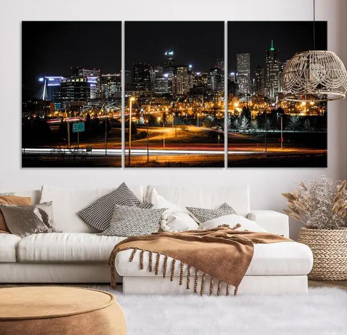 Denver City Lights Night Skyline Cityscape View Wall Art Canvas Print 