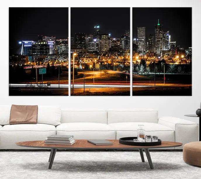 Enhance your space with the Denver City Lights Night Skyline Cityscape View Wall Art Canvas Print, showcasing a city skyline at night and crafted on museum-quality canvases.