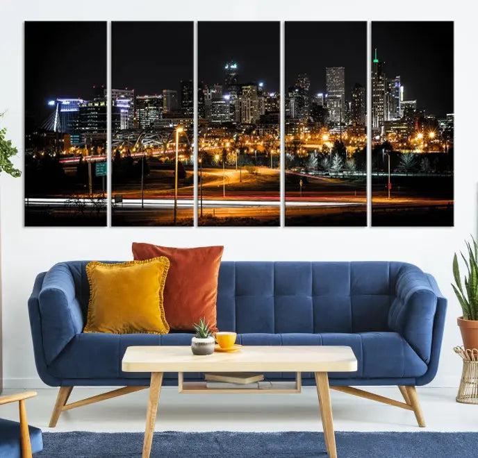 Enhance your space with the Denver City Lights Night Skyline Cityscape View Wall Art Canvas Print, showcasing a city skyline at night and crafted on museum-quality canvases.