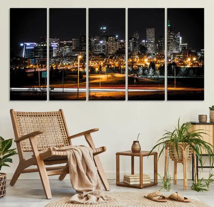 Enhance your space with the Denver City Lights Night Skyline Cityscape View Wall Art Canvas Print, showcasing a city skyline at night and crafted on museum-quality canvases.