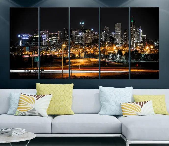 Denver City Lights Night Skyline Cityscape View Wall Art Canvas Print 