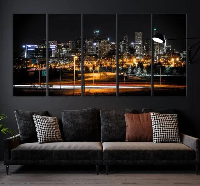 Denver City Lights Night Skyline Cityscape View Wall Art Canvas Print 