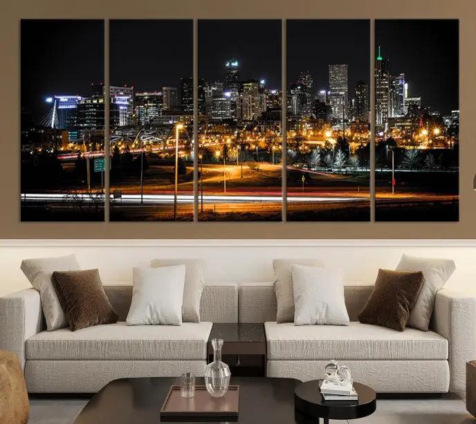 Denver City Lights Night Skyline Cityscape View Wall Art Canvas Print 