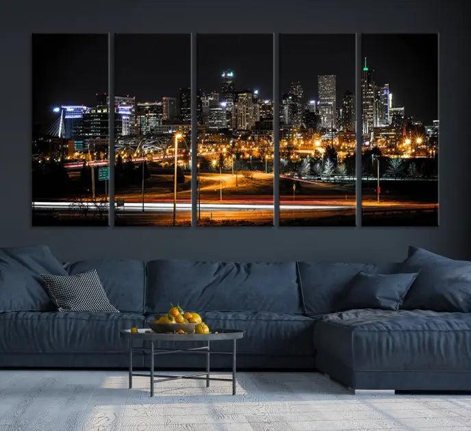 Denver City Lights Night Skyline Cityscape View Wall Art Canvas Print 