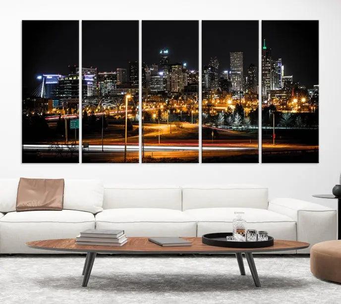 Denver City Lights Night Skyline Cityscape View Wall Art Canvas Print 