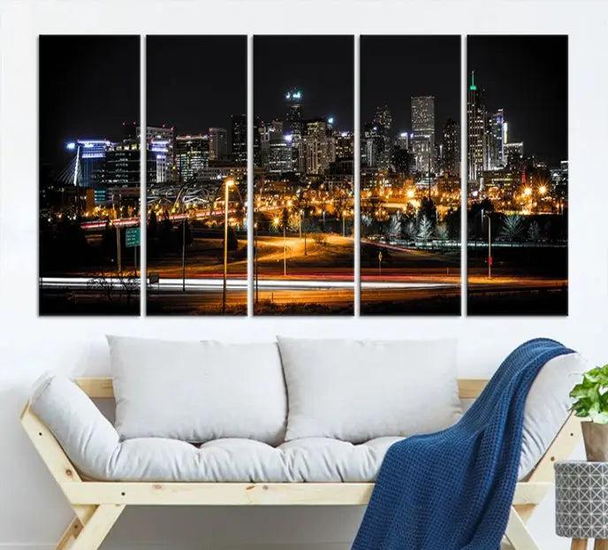 Denver City Lights Night Skyline Cityscape View Wall Art Canvas Print 