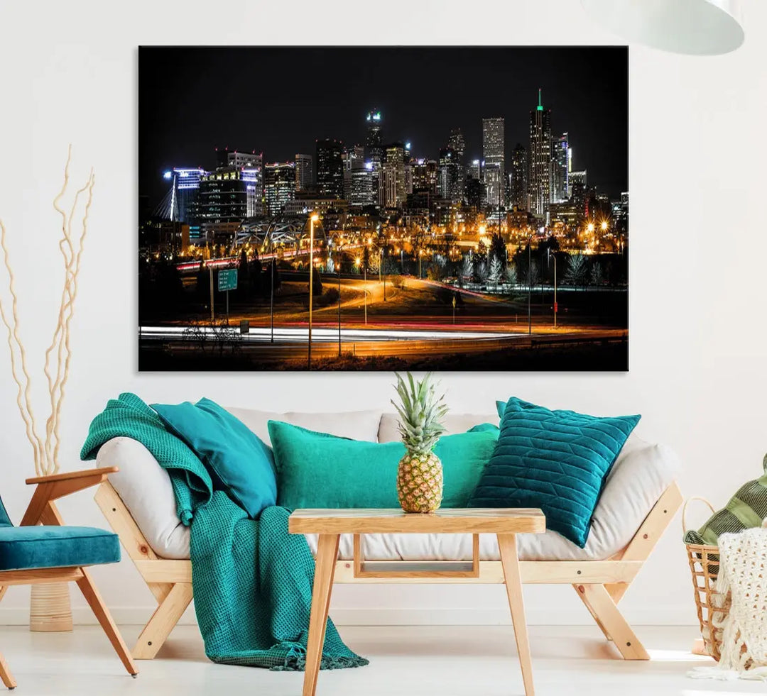 The Denver City Lights Night Skyline Cityscape View Wall Art Canvas Print is elegantly displayed on museum-quality canvas with a UV-protective coating.