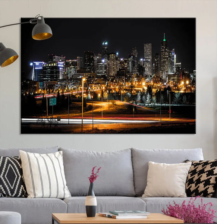 The Denver City Lights Night Skyline Cityscape View Wall Art Canvas Print is elegantly displayed on museum-quality canvas with a UV-protective coating.