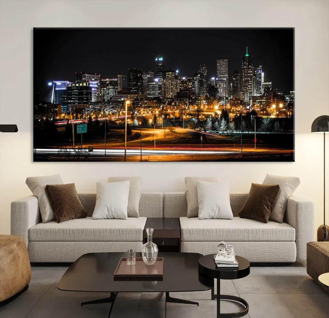 The Denver City Lights Night Skyline Cityscape View Wall Art Canvas Print is elegantly displayed on museum-quality canvas with a UV-protective coating.