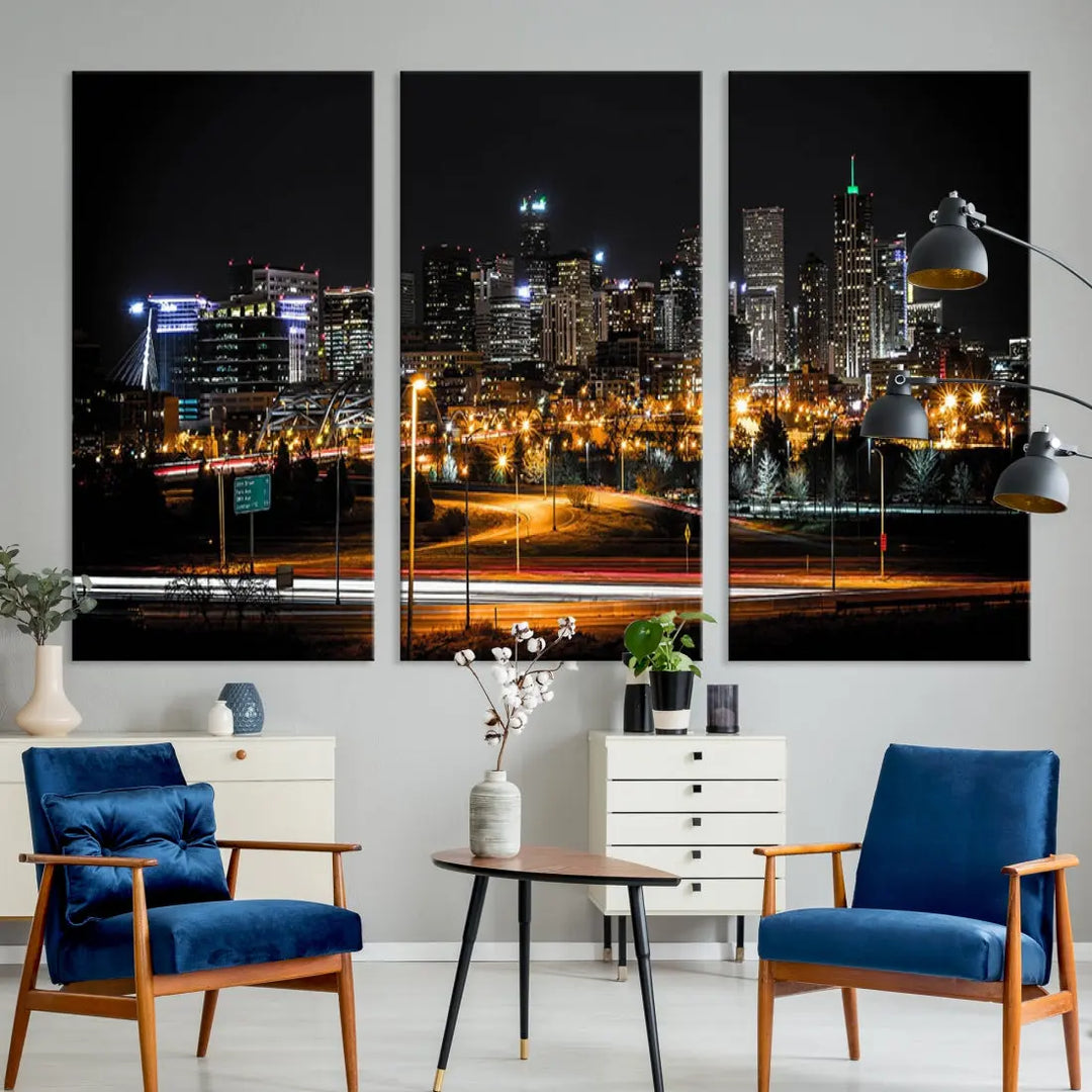 The Denver City Lights Night Skyline Cityscape View Wall Art Canvas Print is elegantly displayed on museum-quality canvas with a UV-protective coating.