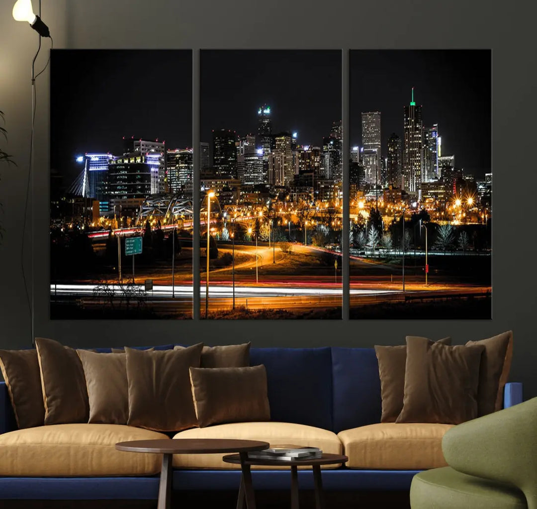 The Denver City Lights Night Skyline Cityscape View Wall Art Canvas Print is elegantly displayed on museum-quality canvas with a UV-protective coating.