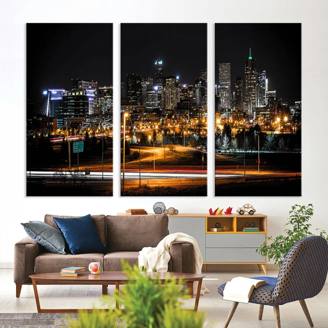 The Denver City Lights Night Skyline Cityscape View Wall Art Canvas Print is elegantly displayed on museum-quality canvas with a UV-protective coating.