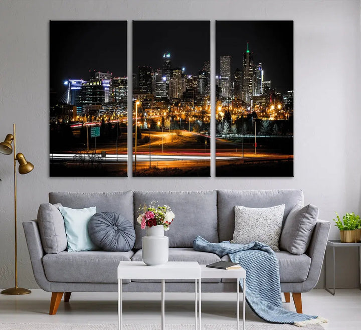 The Denver City Lights Night Skyline Cityscape View Wall Art Canvas Print is elegantly displayed on museum-quality canvas with a UV-protective coating.