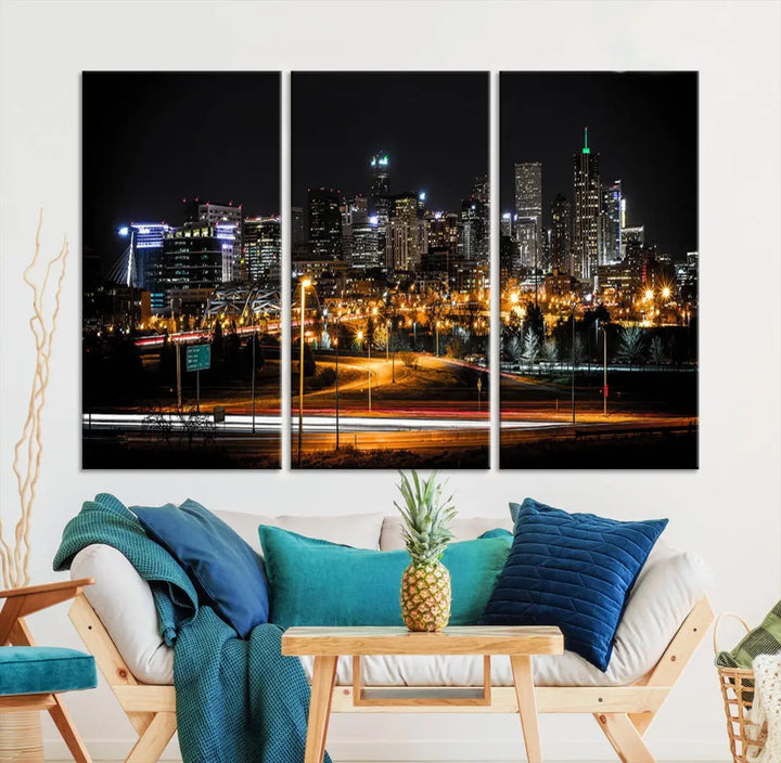 The Denver City Lights Night Skyline Cityscape View Wall Art Canvas Print is elegantly displayed on museum-quality canvas with a UV-protective coating.