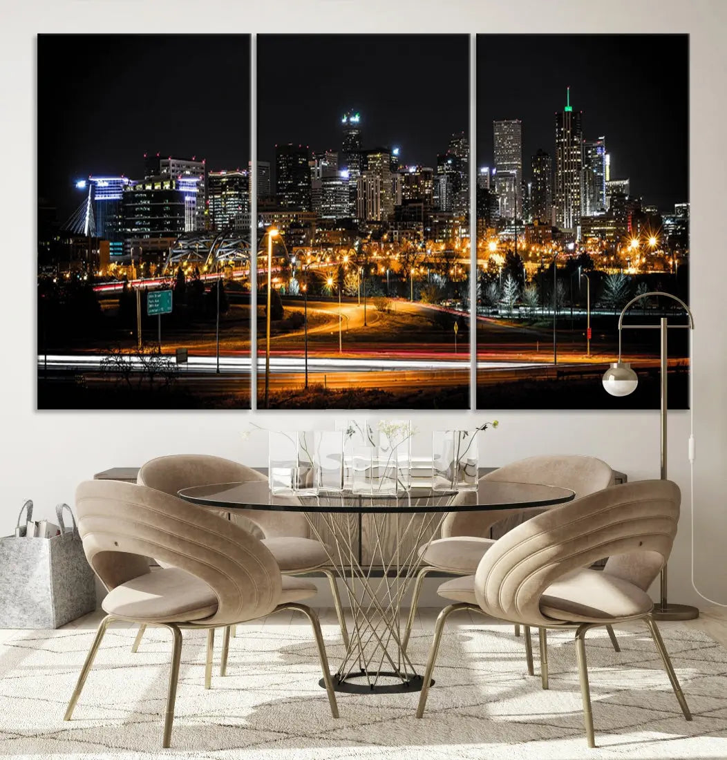 The Denver City Lights Night Skyline Cityscape View Wall Art Canvas Print is elegantly displayed on museum-quality canvas with a UV-protective coating.