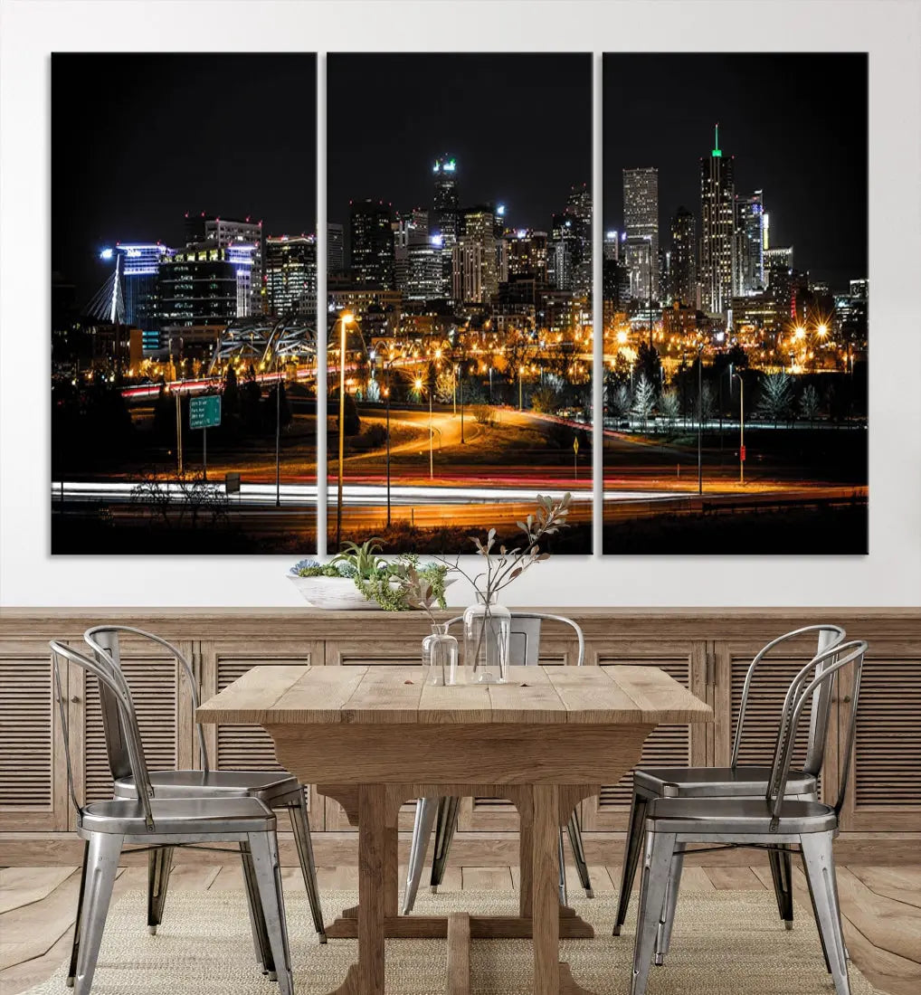 The Denver City Lights Night Skyline Cityscape View Wall Art Canvas Print is elegantly displayed on museum-quality canvas with a UV-protective coating.