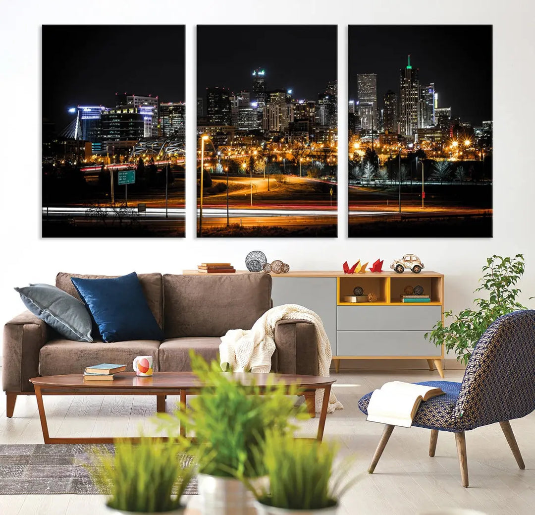 The Denver City Lights Night Skyline Cityscape View Wall Art Canvas Print is elegantly displayed on museum-quality canvas with a UV-protective coating.