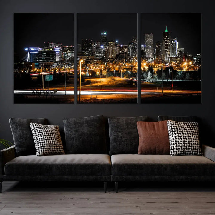 The Denver City Lights Night Skyline Cityscape View Wall Art Canvas Print is elegantly displayed on museum-quality canvas with a UV-protective coating.