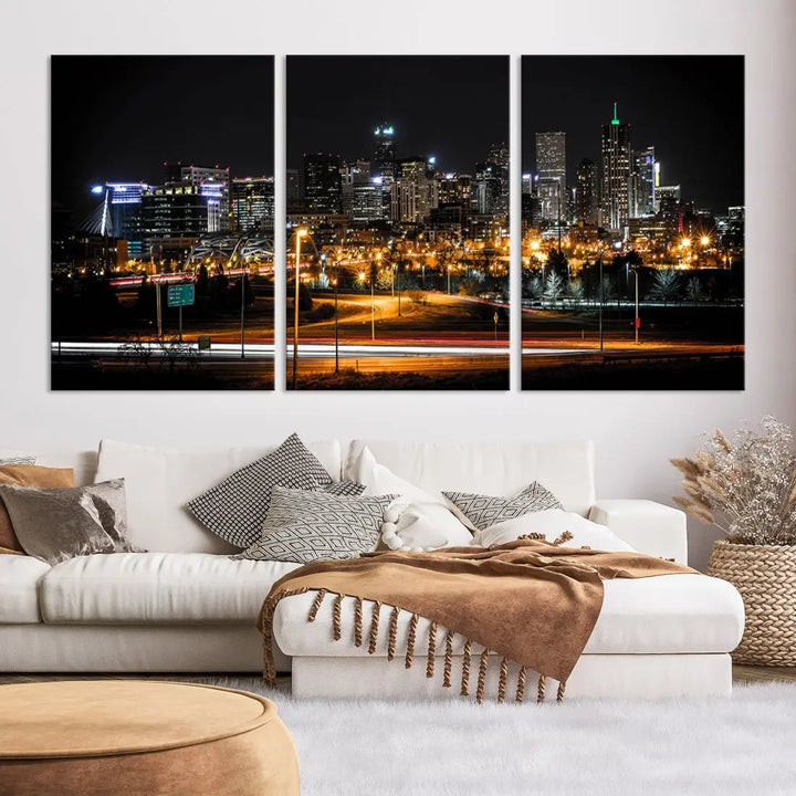 The Denver City Lights Night Skyline Cityscape View Wall Art Canvas Print is elegantly displayed on museum-quality canvas with a UV-protective coating.