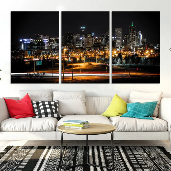 The Denver City Lights Night Skyline Cityscape View Wall Art Canvas Print is elegantly displayed on museum-quality canvas with a UV-protective coating.