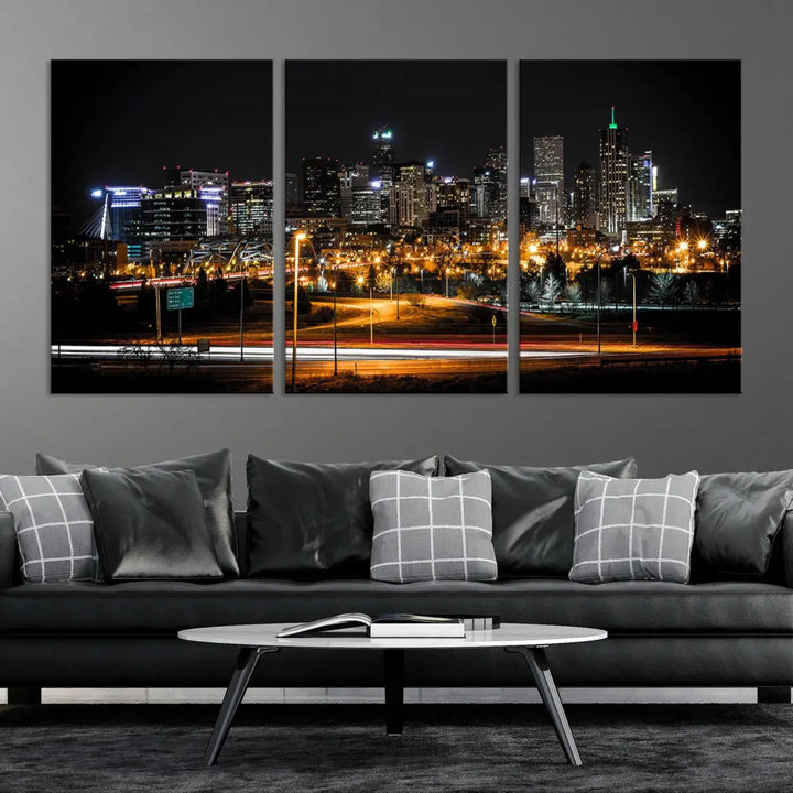 The Denver City Lights Night Skyline Cityscape View Wall Art Canvas Print is elegantly displayed on museum-quality canvas with a UV-protective coating.