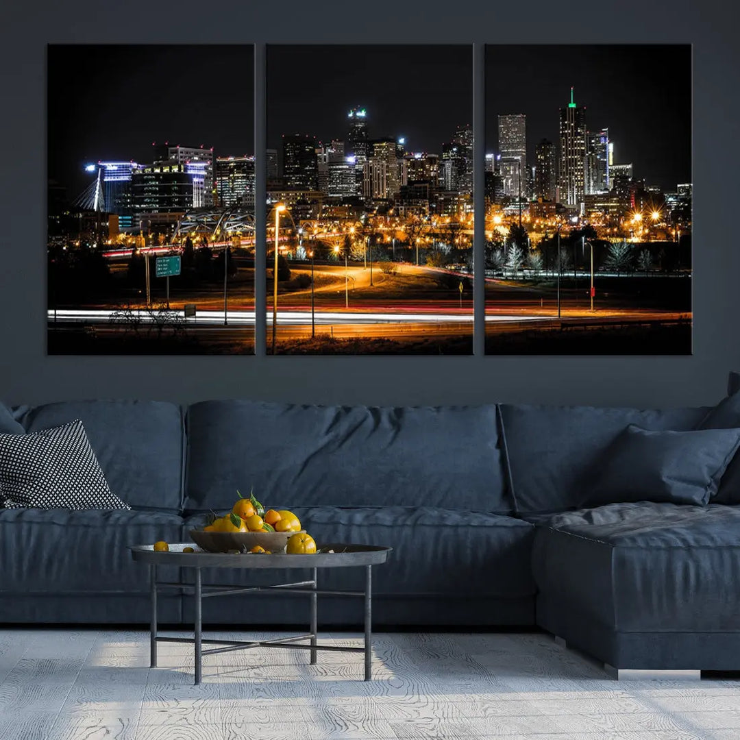 The Denver City Lights Night Skyline Cityscape View Wall Art Canvas Print is elegantly displayed on museum-quality canvas with a UV-protective coating.