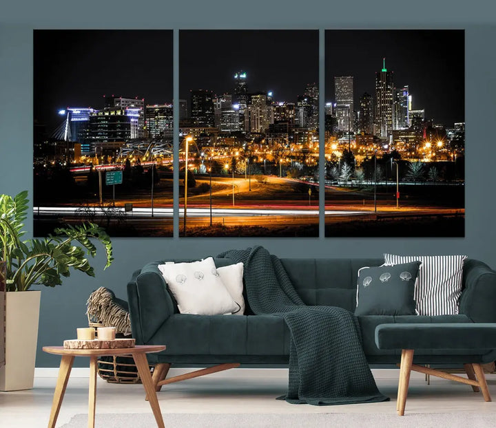 The Denver City Lights Night Skyline Cityscape View Wall Art Canvas Print is elegantly displayed on museum-quality canvas with a UV-protective coating.