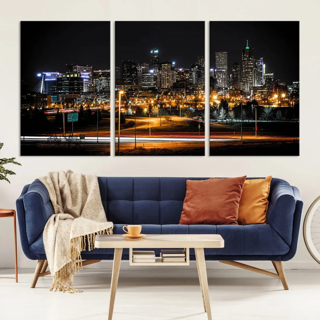 The Denver City Lights Night Skyline Cityscape View Wall Art Canvas Print is elegantly displayed on museum-quality canvas with a UV-protective coating.