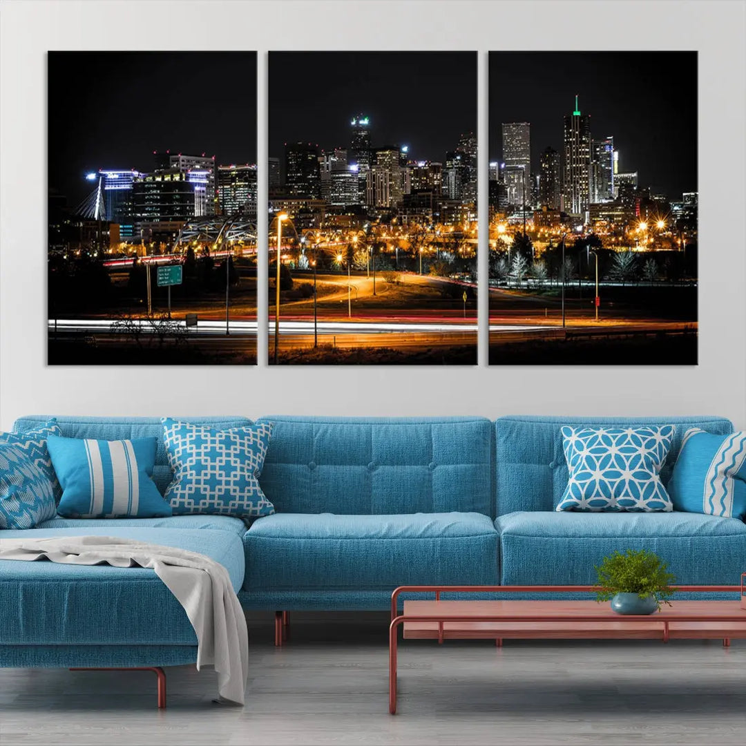 The Denver City Lights Night Skyline Cityscape View Wall Art Canvas Print is elegantly displayed on museum-quality canvas with a UV-protective coating.