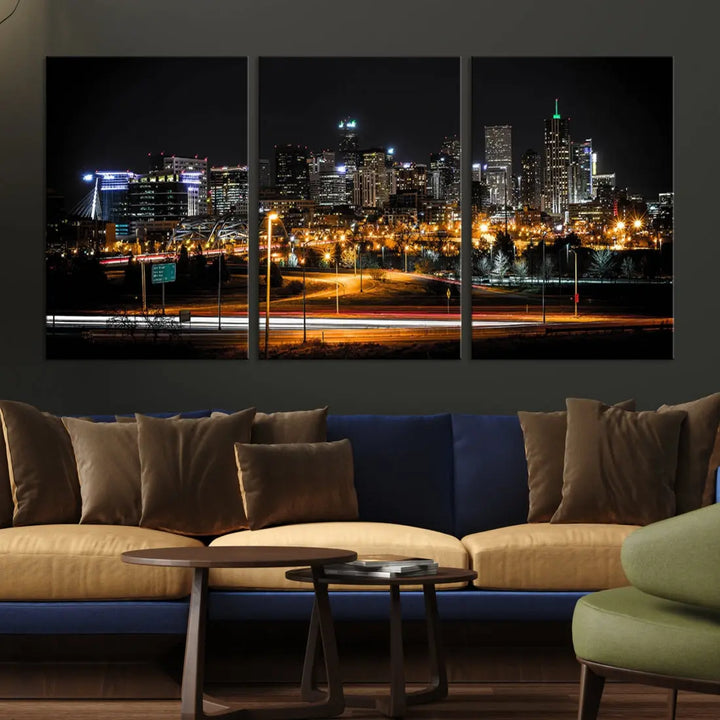 The Denver City Lights Night Skyline Cityscape View Wall Art Canvas Print is elegantly displayed on museum-quality canvas with a UV-protective coating.