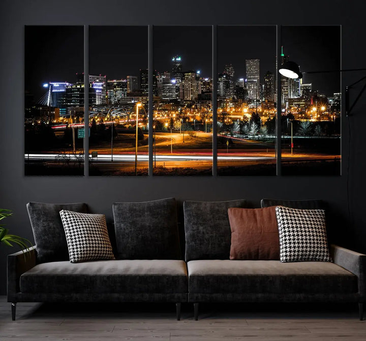 The Denver City Lights Night Skyline Cityscape View Wall Art Canvas Print is elegantly displayed on museum-quality canvas with a UV-protective coating.