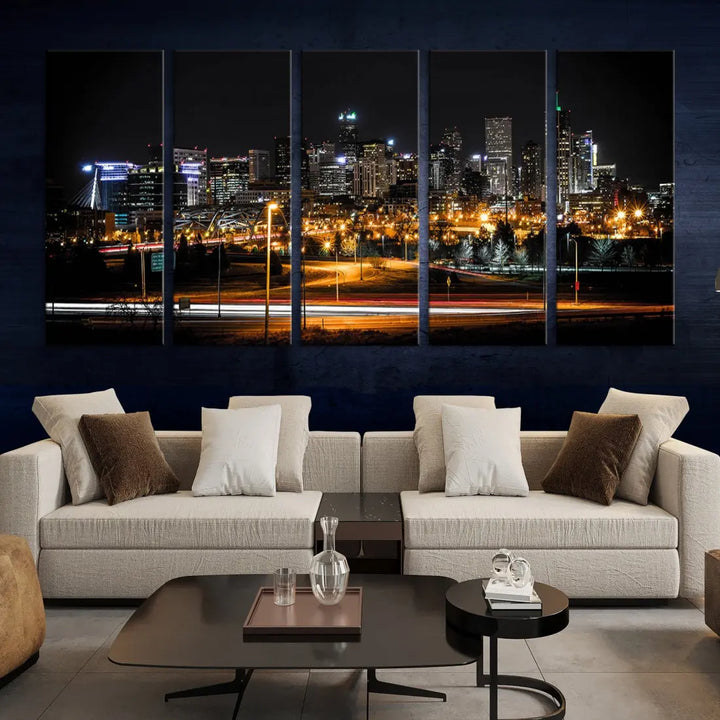 The Denver City Lights Night Skyline Cityscape View Wall Art Canvas Print is elegantly displayed on museum-quality canvas with a UV-protective coating.