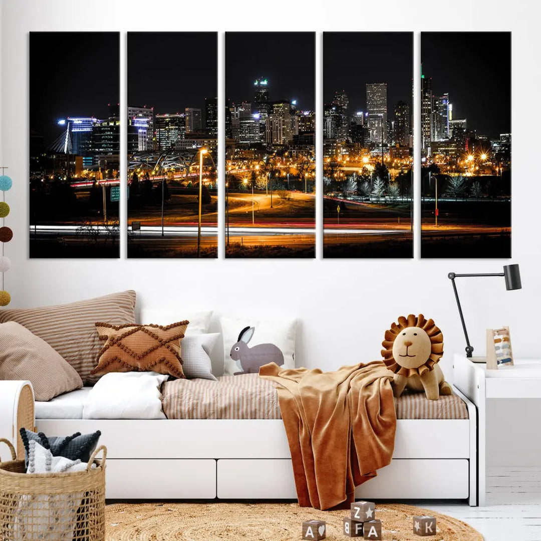 The Denver City Lights Night Skyline Cityscape View Wall Art Canvas Print is elegantly displayed on museum-quality canvas with a UV-protective coating.