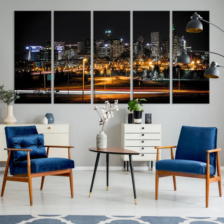 The Denver City Lights Night Skyline Cityscape View Wall Art Canvas Print is elegantly displayed on museum-quality canvas with a UV-protective coating.