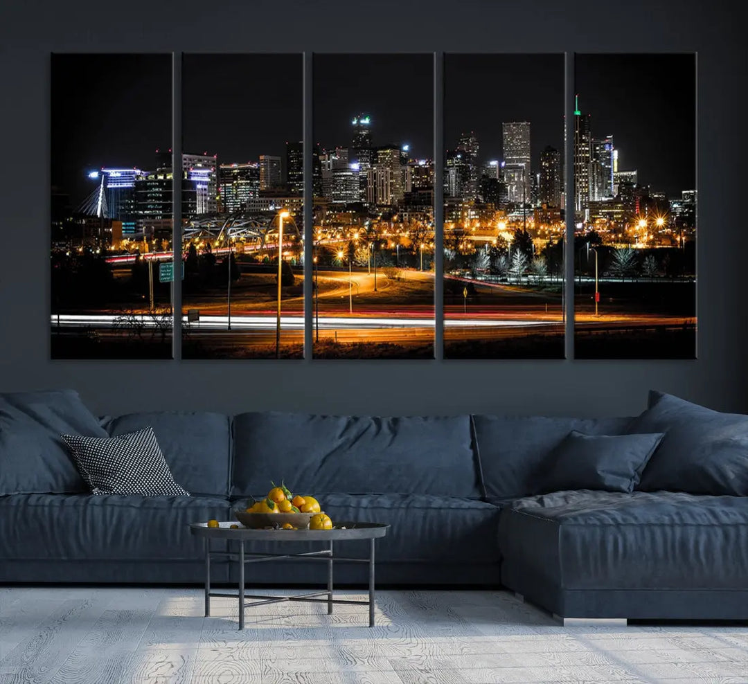 The Denver City Lights Night Skyline Cityscape View Wall Art Canvas Print is elegantly displayed on museum-quality canvas with a UV-protective coating.