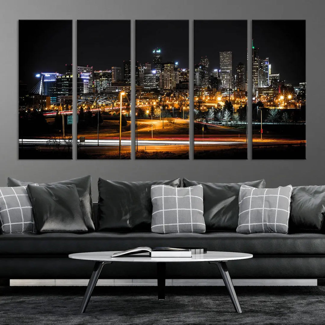 The Denver City Lights Night Skyline Cityscape View Wall Art Canvas Print is elegantly displayed on museum-quality canvas with a UV-protective coating.